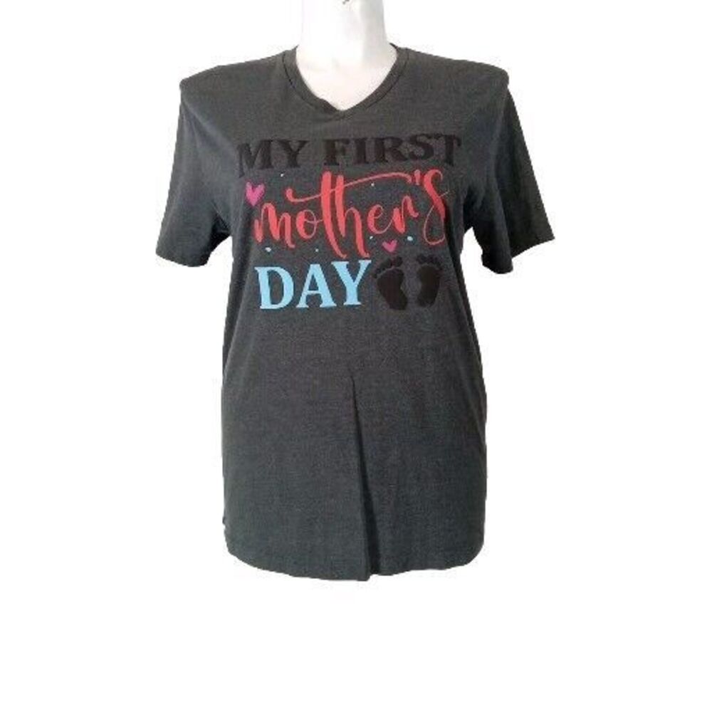 Womens L Shirt Short Sl My First Mothers‎ Day Black Puff Old Navy Gray